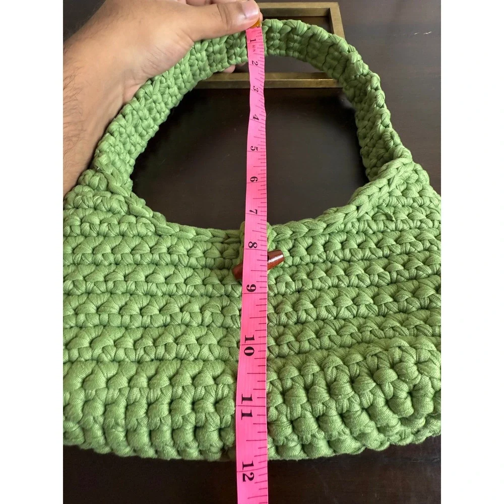 Crochet Shoulder Bag Women's Green Knitted Purse Wooden Button Closure Hobo